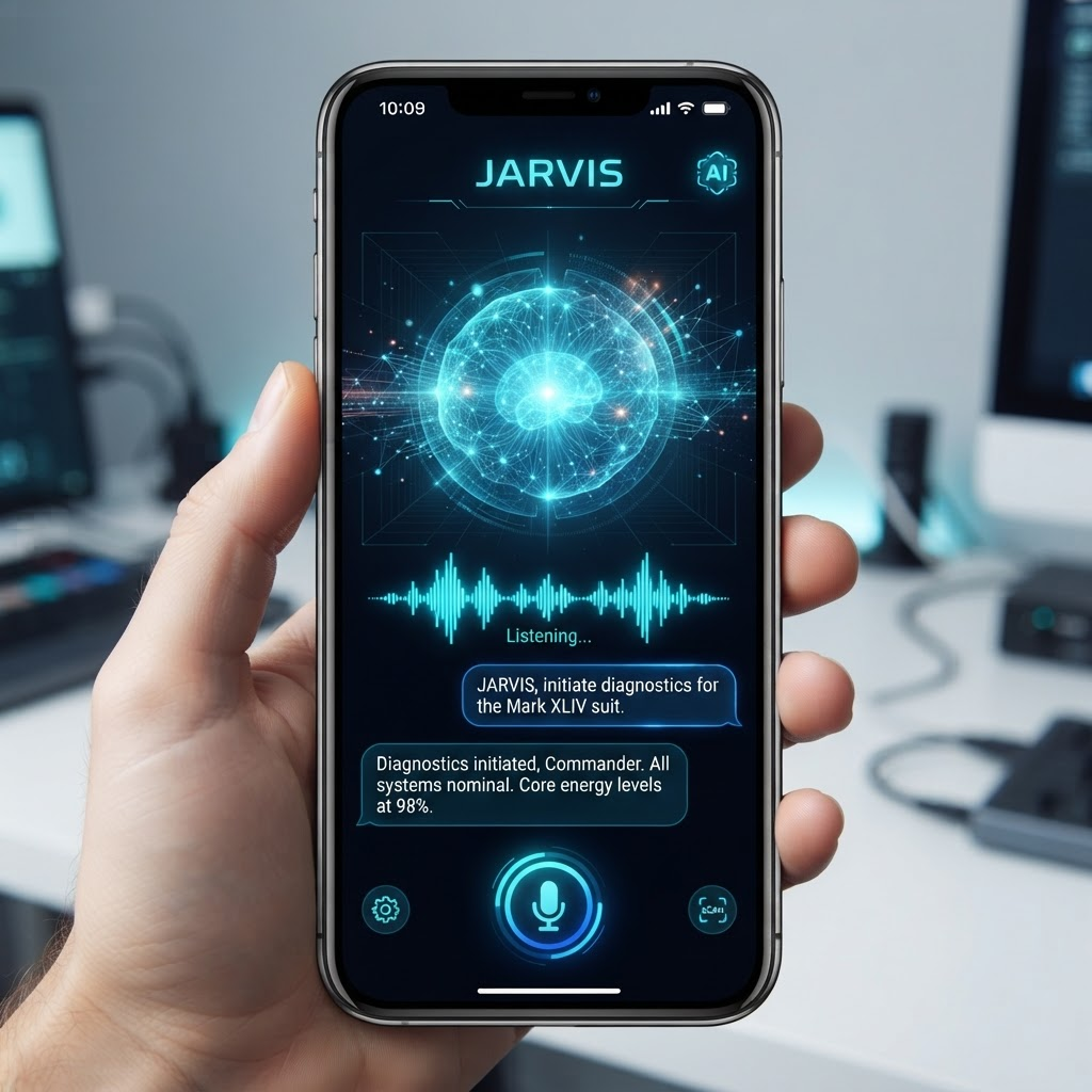 JARVIS holographic AI core with neural orb and voice interface